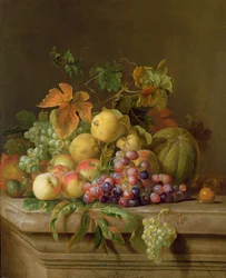 Nature morte de melons, raisins et pêches sur un rebord
